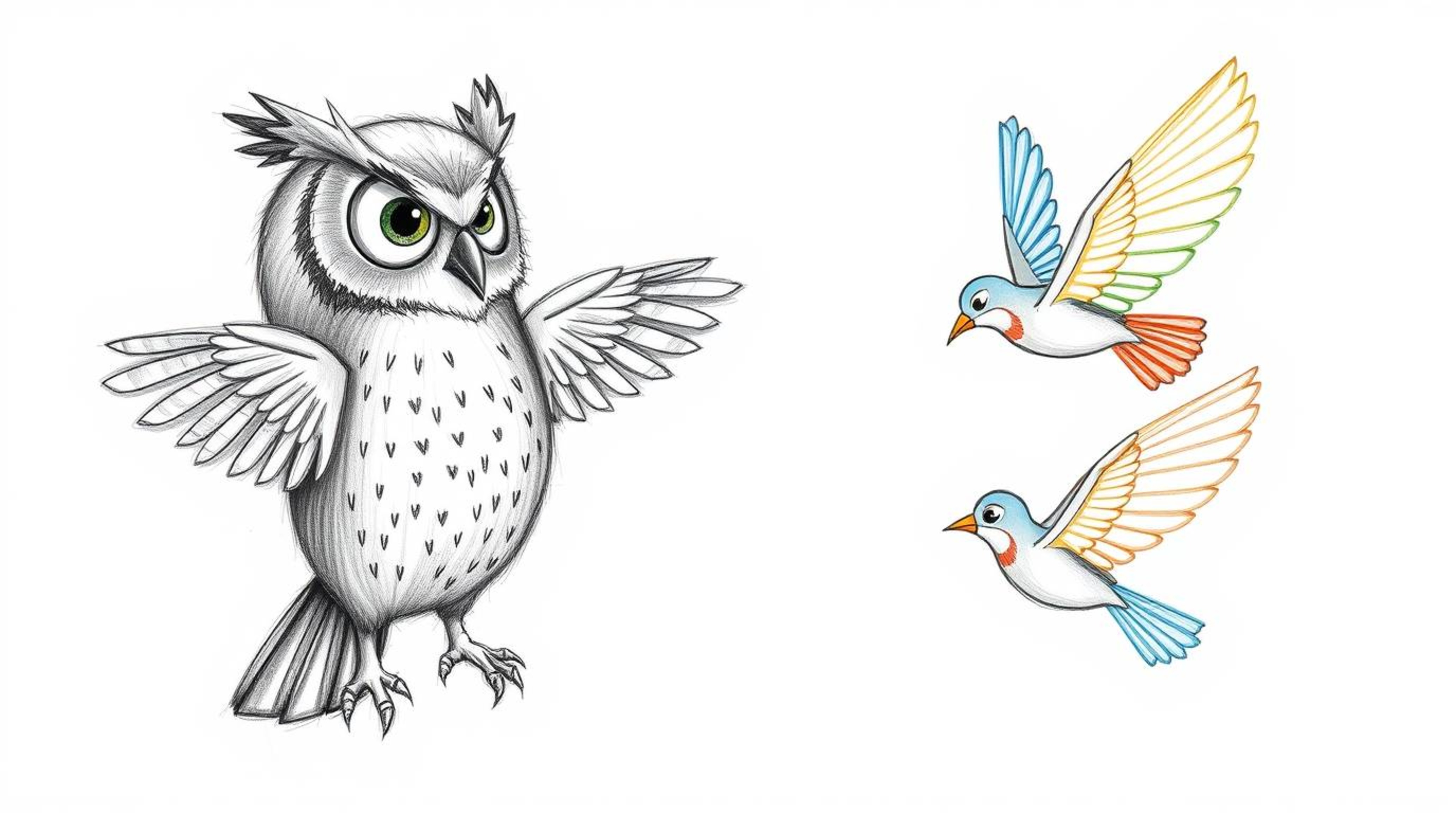 A heartwarming hand-drawn sketch in Pixar style depicts a blind owl lovingly teaching a group of birds how to fly. Rendered w