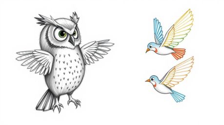 A heartwarming hand-drawn sketch in Pixar style depicts a blind owl lovingly teaching a group of birds how to fly. Rendered w