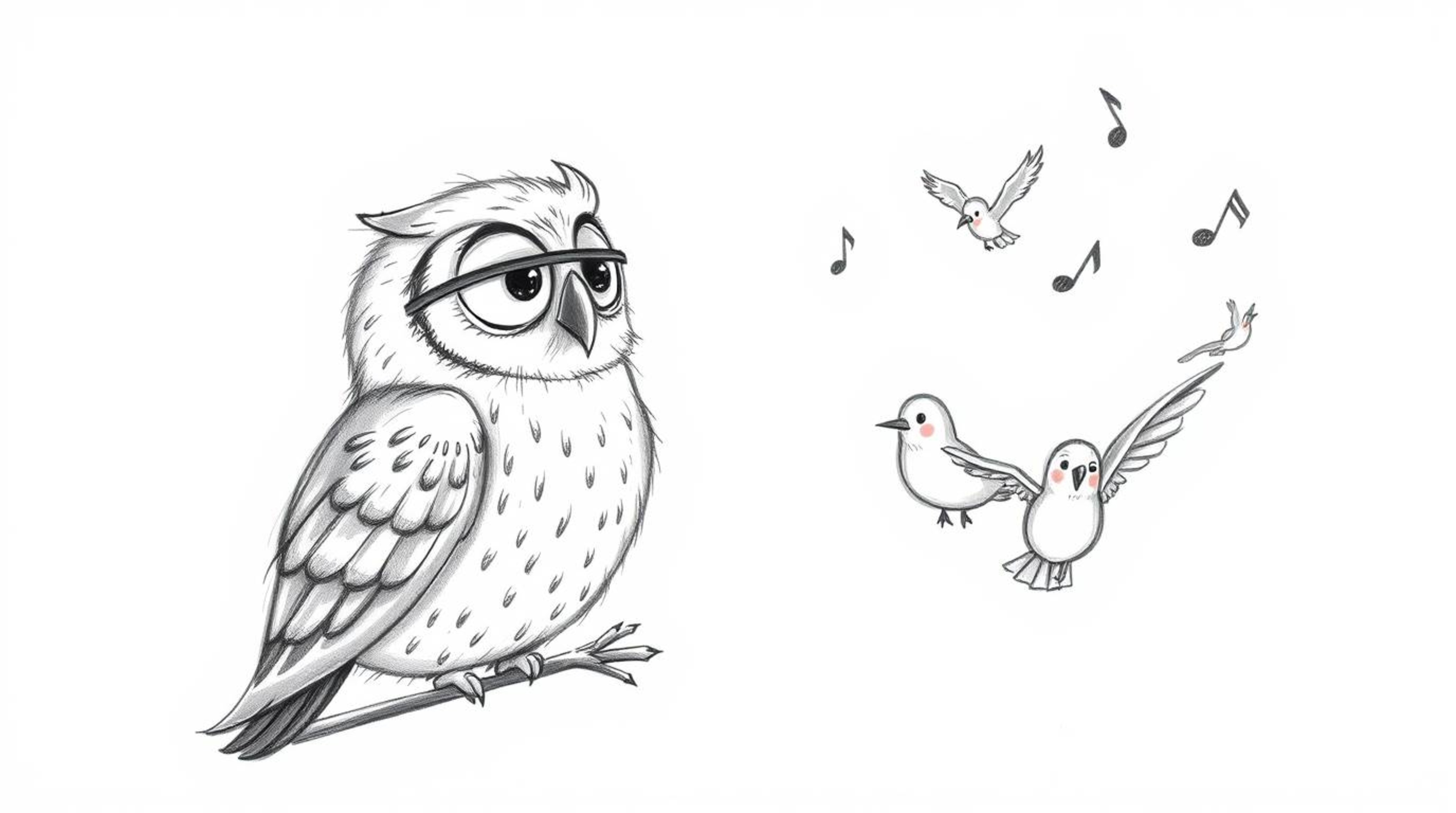 A heartwarming Pixar-style sketch depicts a blind owl with soft, textured feathers patiently teaching a flock of birds how to