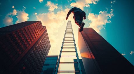 An inspiring image depicting a businessman ascending a transparent ladder into a vibrant blue sky above towering skyscrapers.