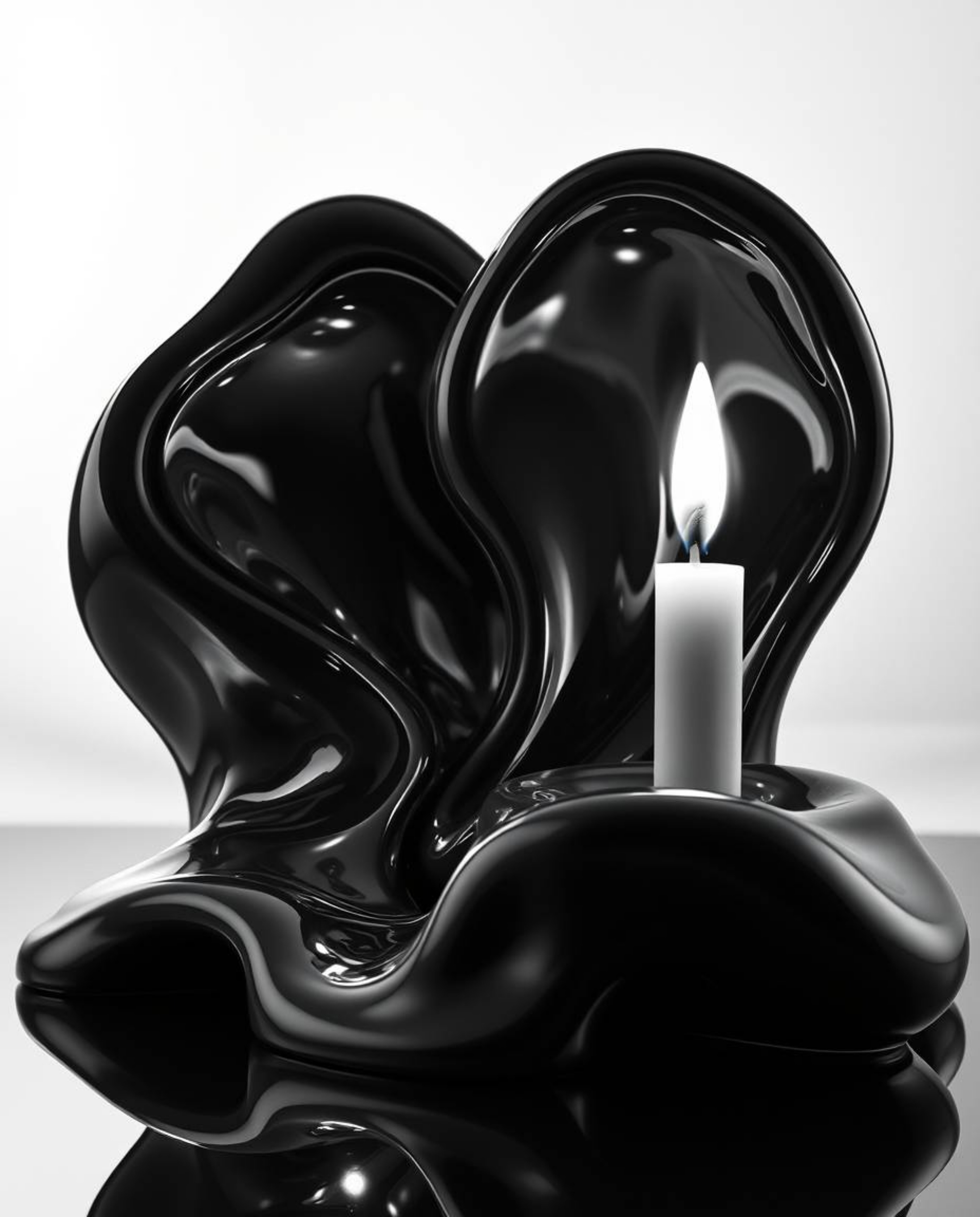 Explore a timeless black and white image featuring sculptural 3D fluid mercury shapes, reflecting the captivating studio ligh