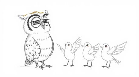 A heartwarming Pixar-style hand-drawn sketch depicts a wise, blind owl mentoring birds in the art of flight. The birds, fille