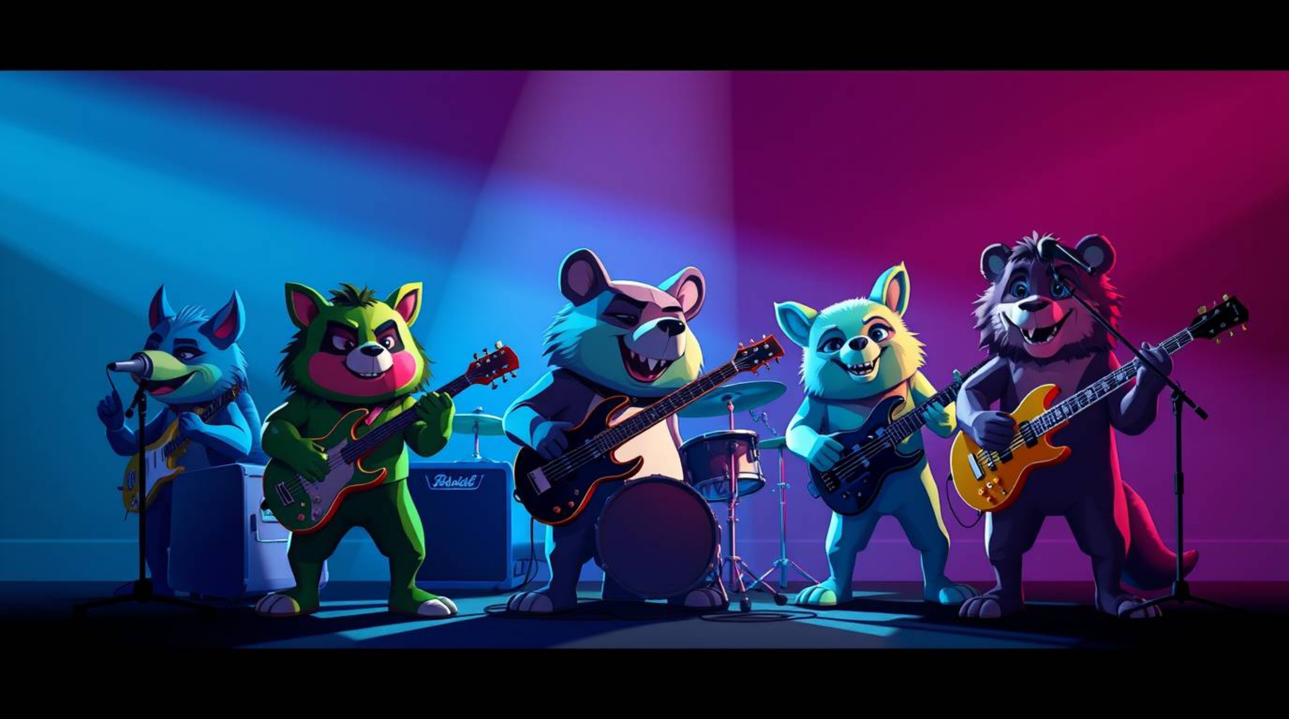 A captivating image of a cartoon animal rock band, bathed in strong, hard light.  The cool color palette of blues, greens, an