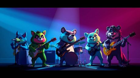 A captivating image of a cartoon animal rock band, bathed in strong, hard light.  The cool color palette of blues, greens, an