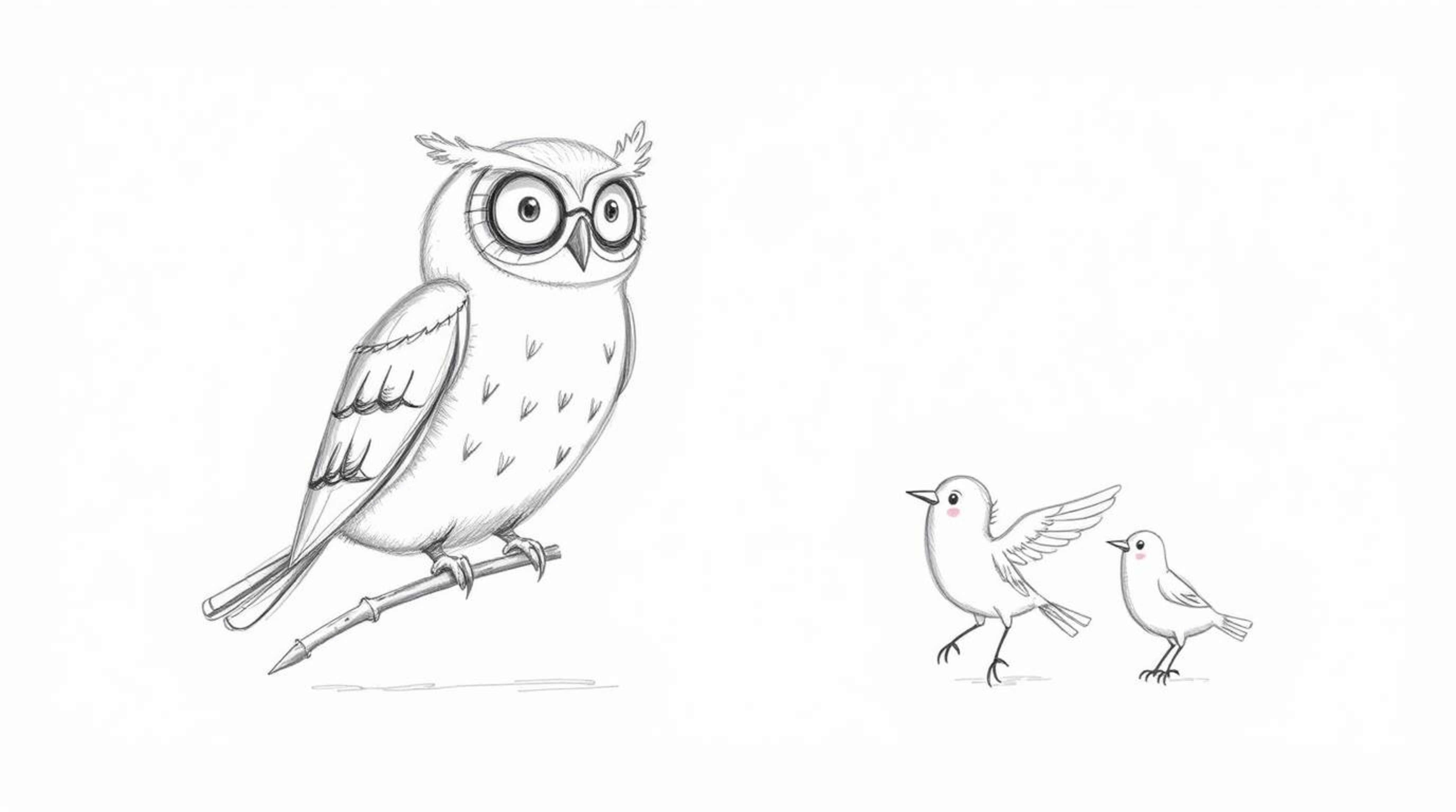 A heartwarming Pixar-esque hand-drawn sketch depicting a blind owl patiently guiding young birds as they learn to fly. The ow