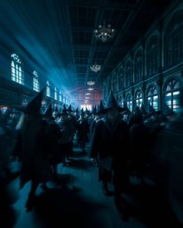 This stunning long-exposure photograph captures a magical school teeming with young wizards, employing high contrast and low-