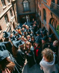 Captured from a high angle, this candid street photograph transports viewers to a magical school teeming with young wizards n