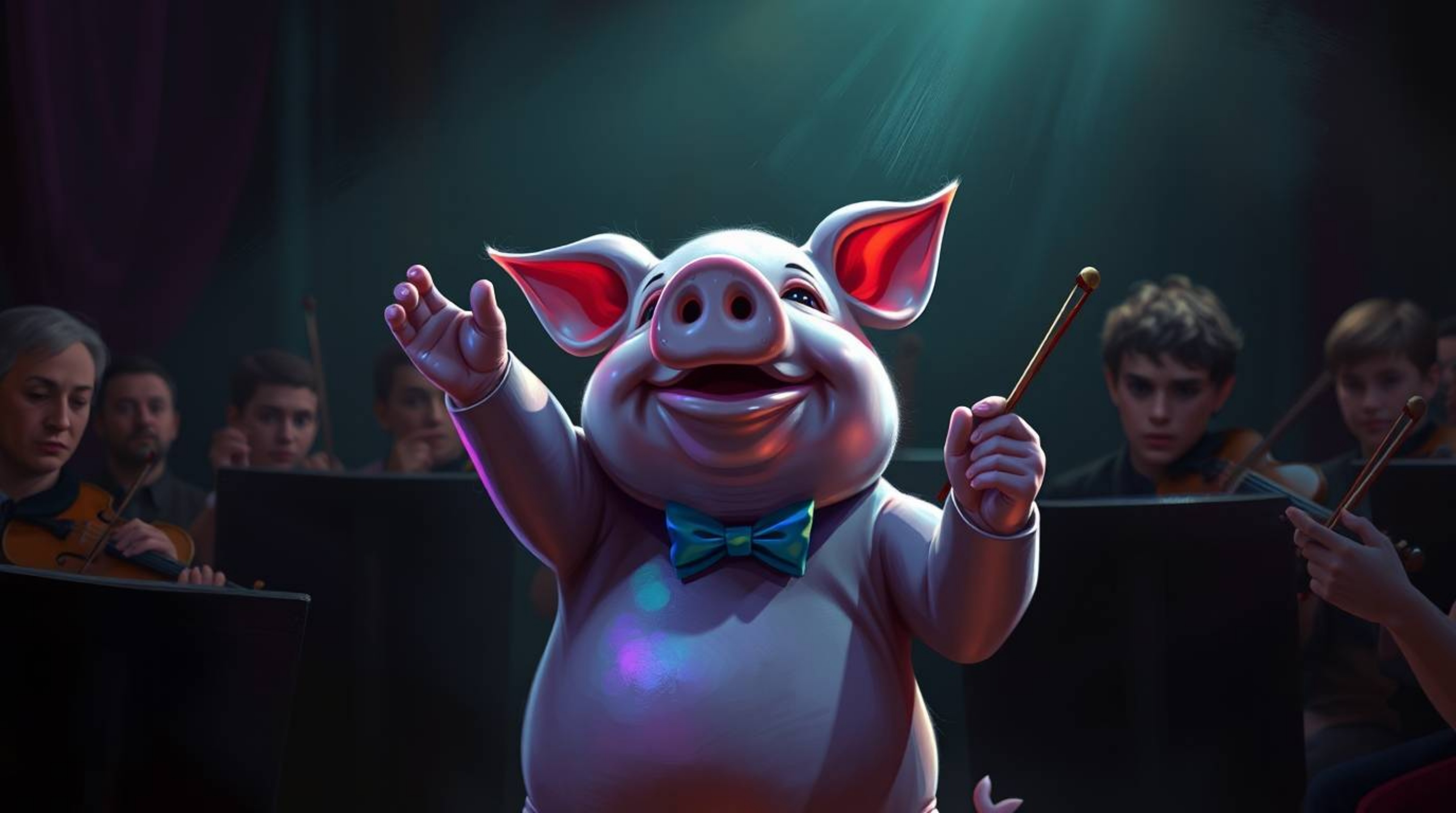 This digital painting depicts a captivating scene of a pig character passionately conducting an orchestra. The artwork is cha