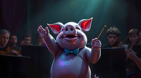 This digital painting depicts a captivating scene of a pig character passionately conducting an orchestra. The artwork is cha