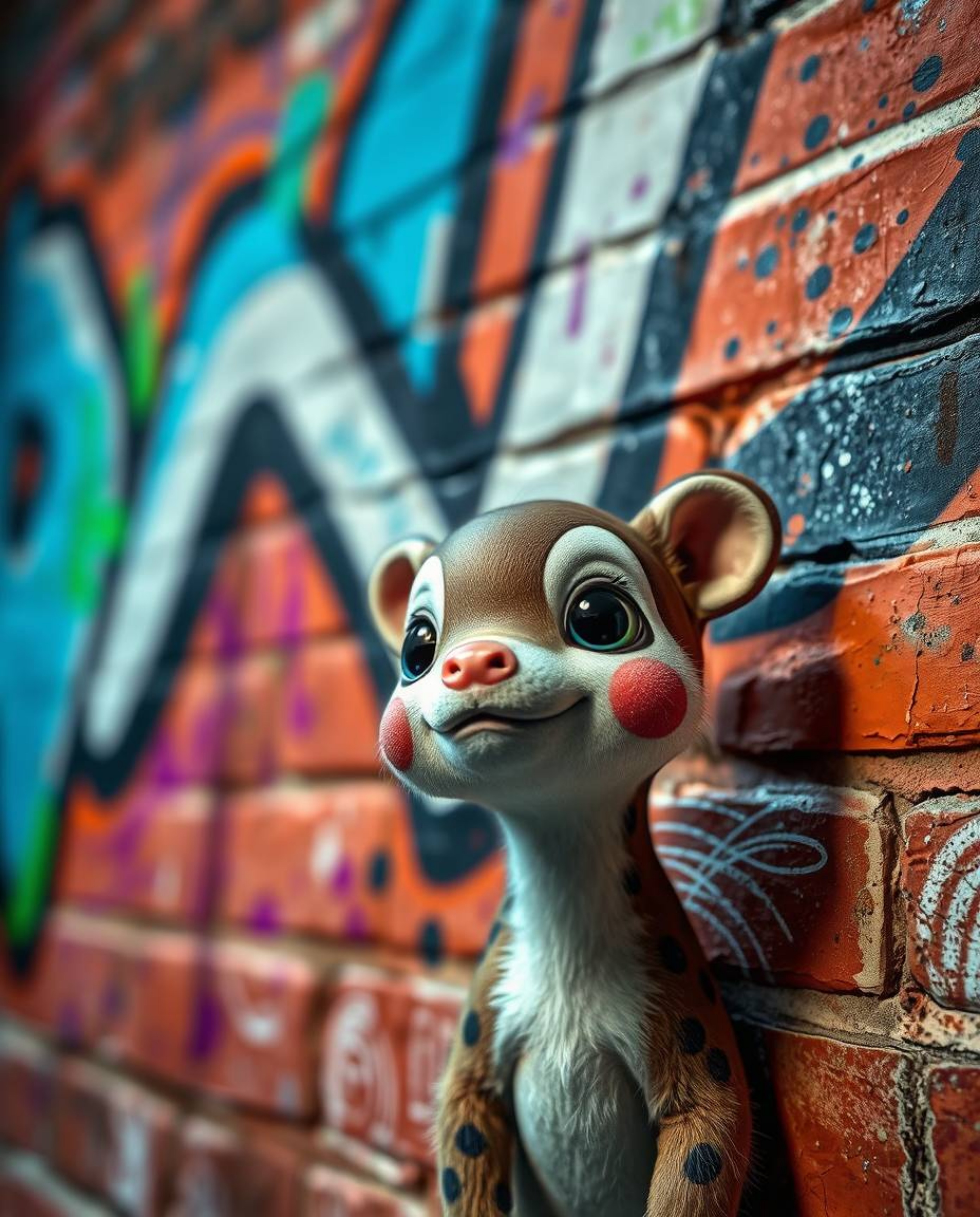 A captivating image showcases vibrant graffiti-style splashes in cool blues, greens, and purples on a textured brick wall. Hi