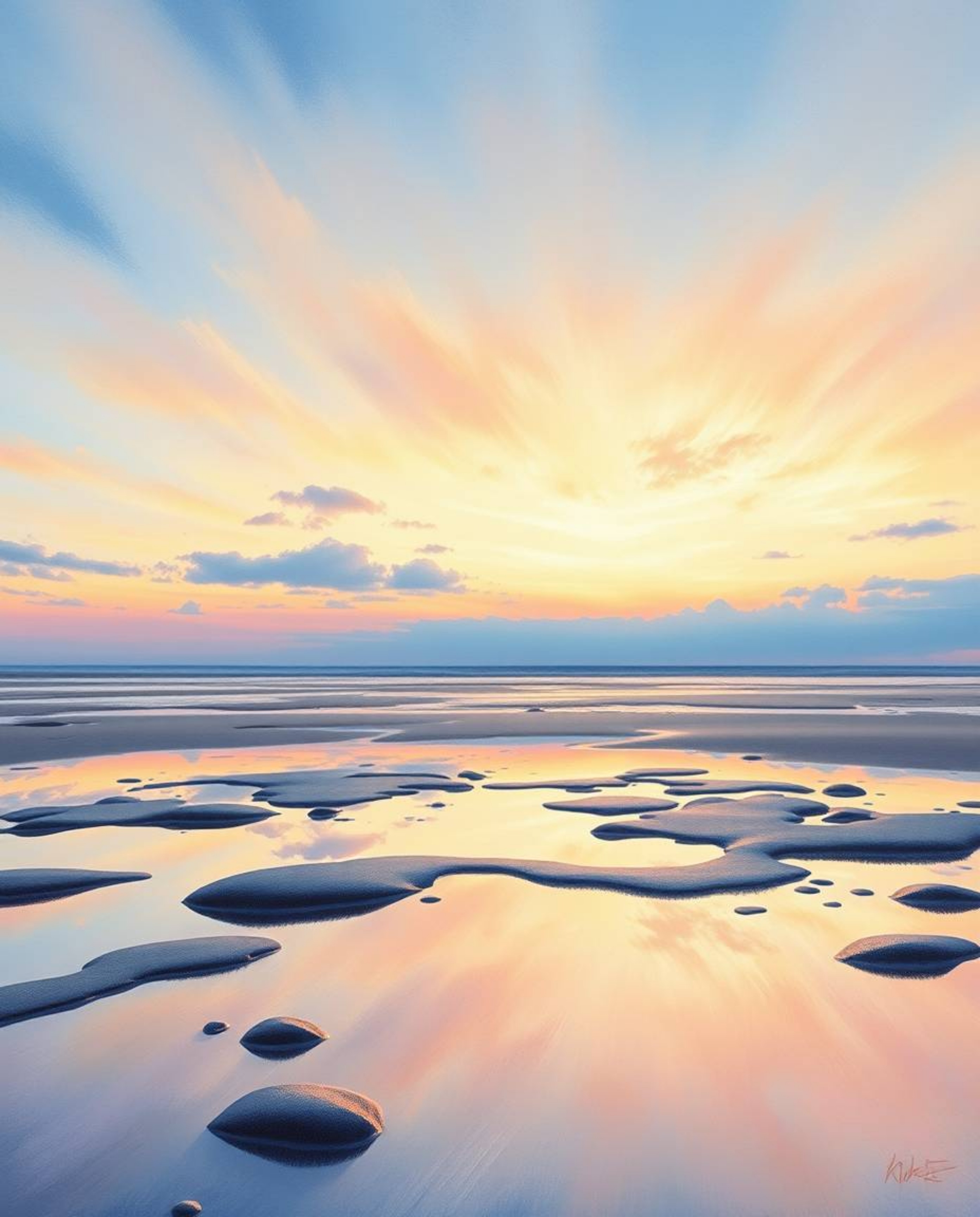 A low-angle perspective pastel painting captures a gentle and soothing sunset sky as it is mirrored in the tidal pools on a b