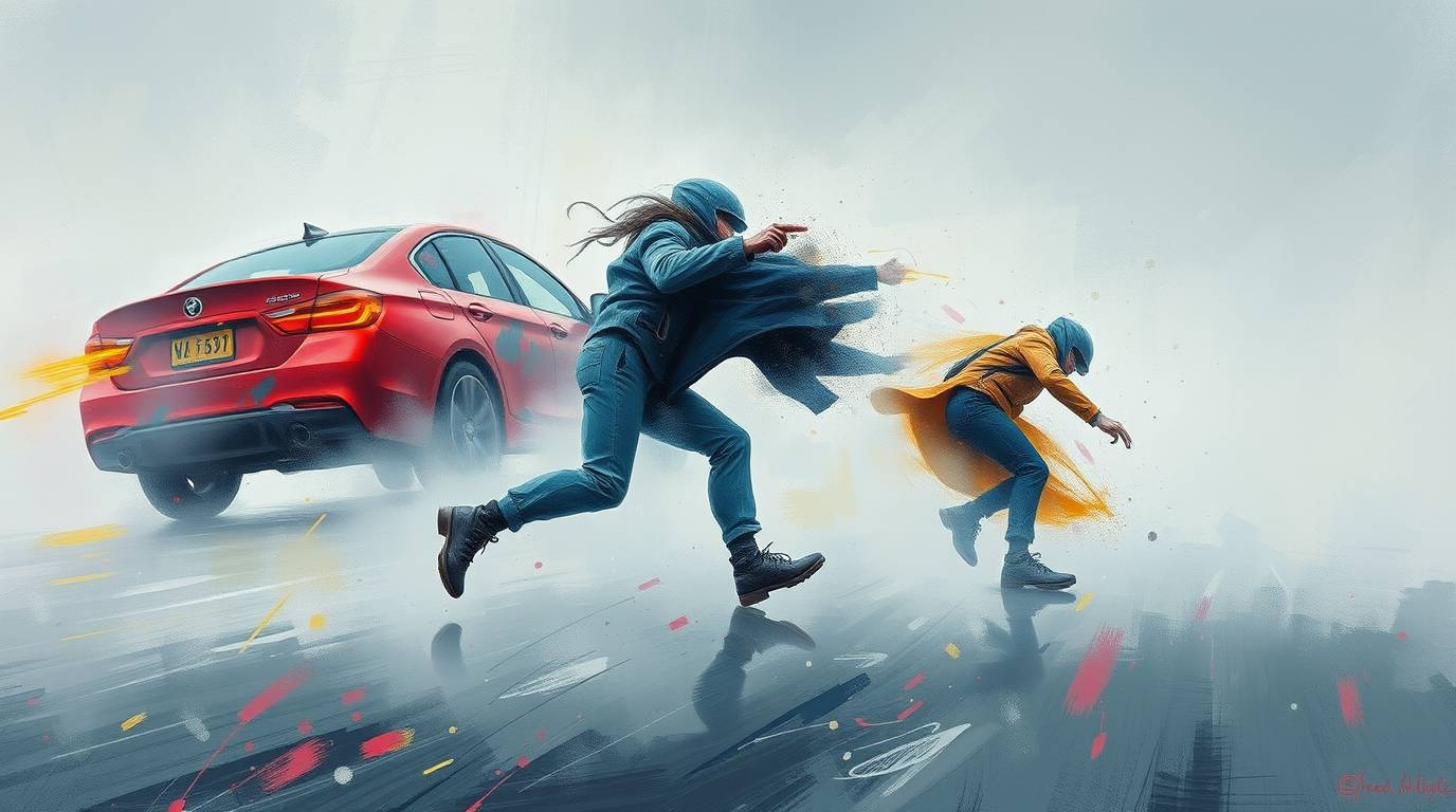 This bold acrylic painting captures a dynamic chase scene amidst a thick fog, utilizing exaggerated squash and stretch techni
