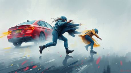 This bold acrylic painting captures a dynamic chase scene amidst a thick fog, utilizing exaggerated squash and stretch techni