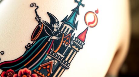 An extreme close-up showcases a vibrant, retro-styled tattoo depicting a classic Disney villain casting a spell within an old
