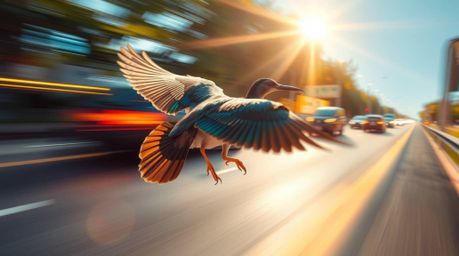 A captivating image of a fast-running bird swiftly moving past traffic, showcasing mesmerizing iridescent colors. The bright 