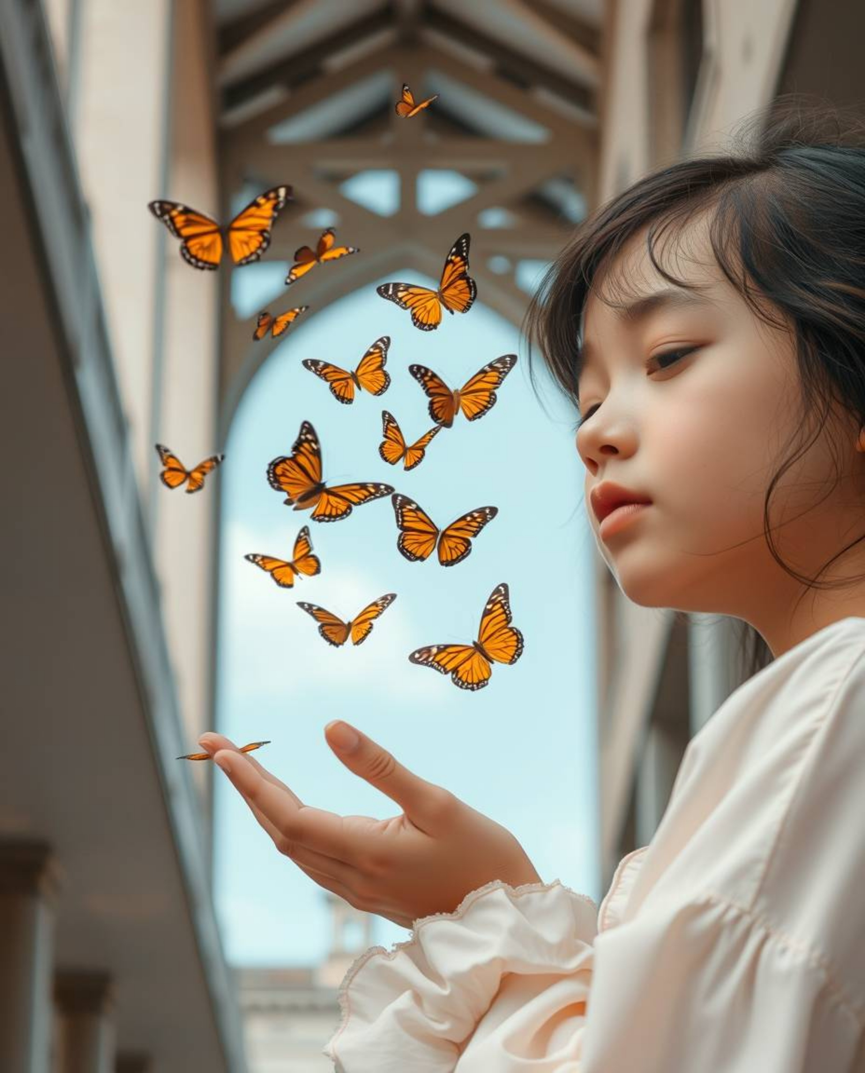 A captivating image showcasing a girl releasing butterflies against a backdrop of precisely rendered architectural details.  