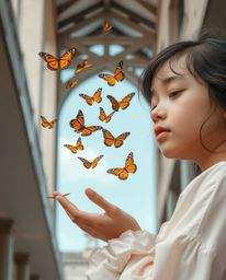 A captivating image showcasing a girl releasing butterflies against a backdrop of precisely rendered architectural details.  