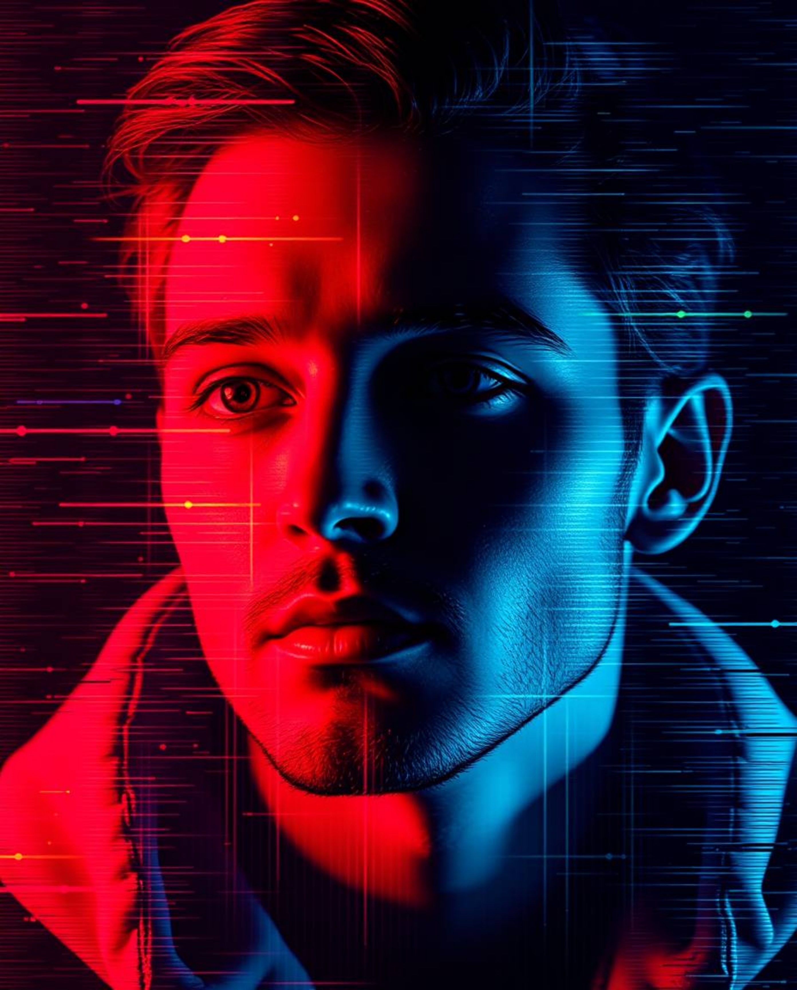 A captivating digital painting depicts a human face transformed into a vibrant data stream by a digital glitch.  High contras