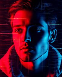 A captivating digital painting depicts a human face transformed into a vibrant data stream by a digital glitch.  High contras