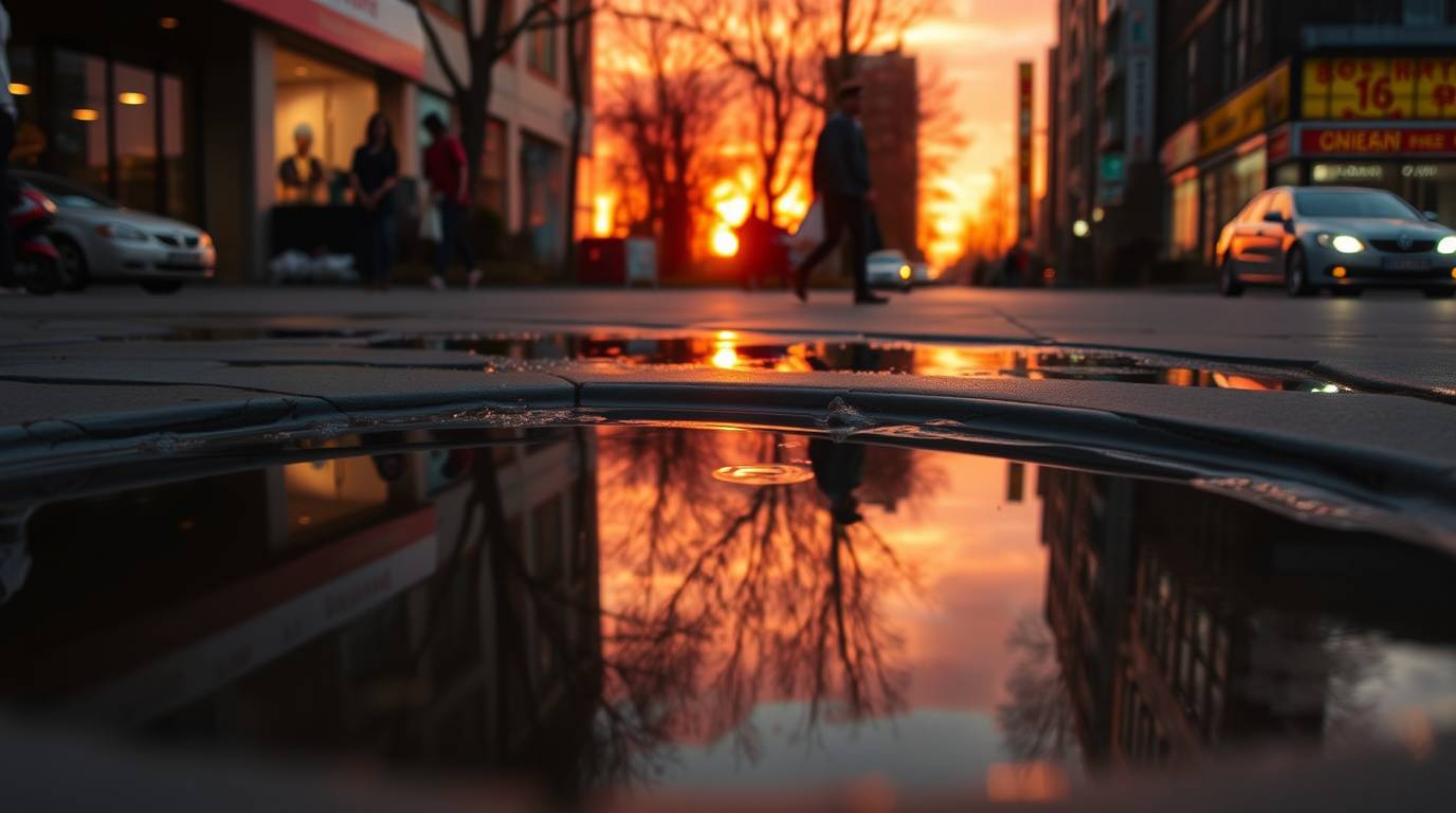 Warm and candid street photography capturing the reflection of a colorful sunset in a calm pond within an urban setting. This