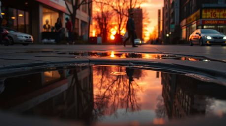 Warm and candid street photography capturing the reflection of a colorful sunset in a calm pond within an urban setting. This