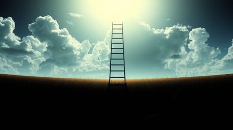 This futuristic sci-fi illustration depicts a silhouetted silver ladder standing in an open field under a wide, cloudy sky. B