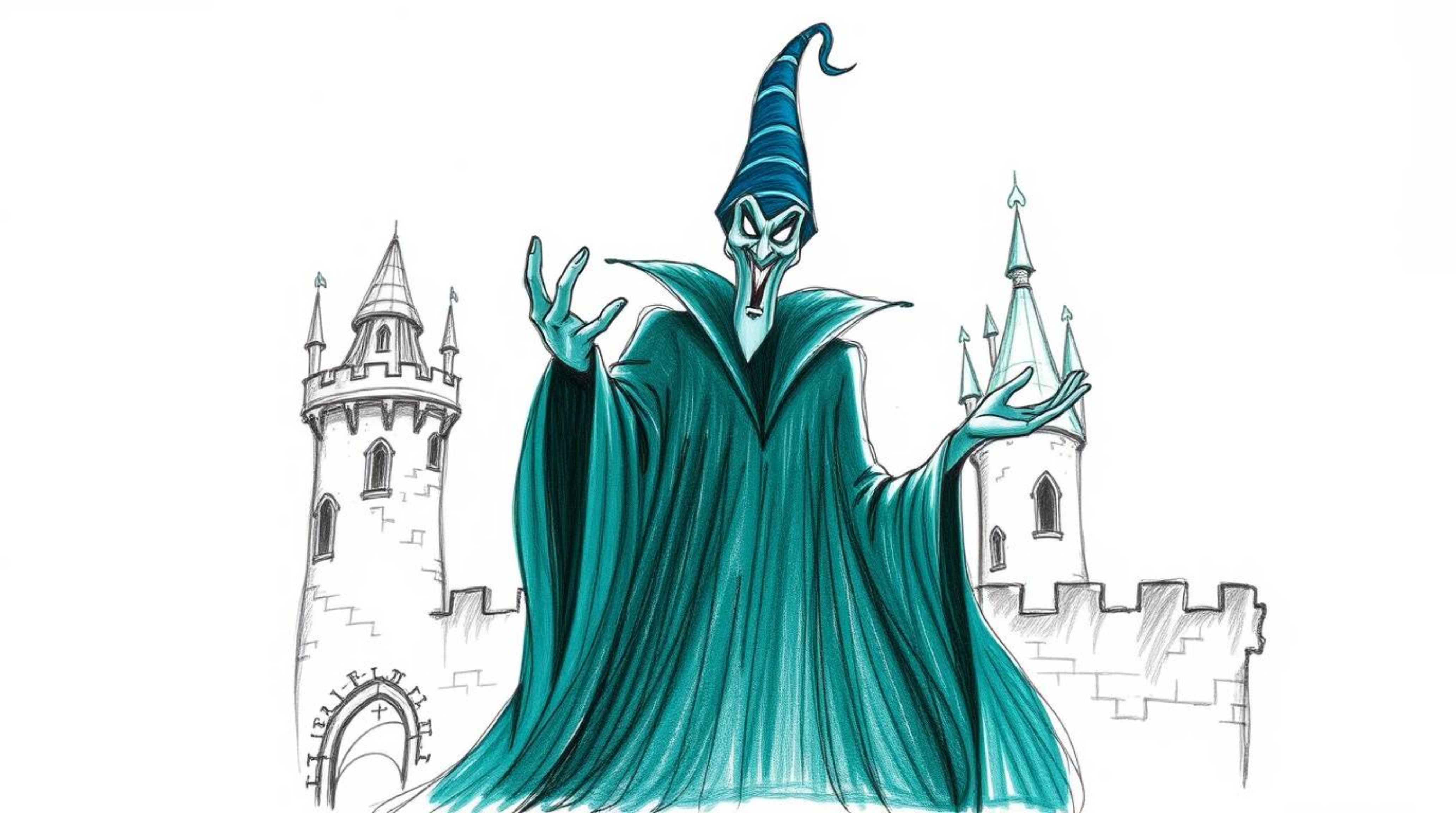 A captivating hand-drawn sketch in rich teal portrays a classic Disney villain casting a spell within an ancient castle. The