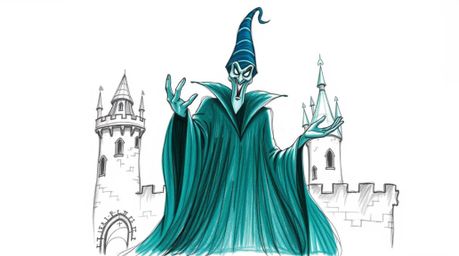A captivating hand-drawn sketch in rich teal portrays a classic Disney villain casting a spell within an ancient castle. The