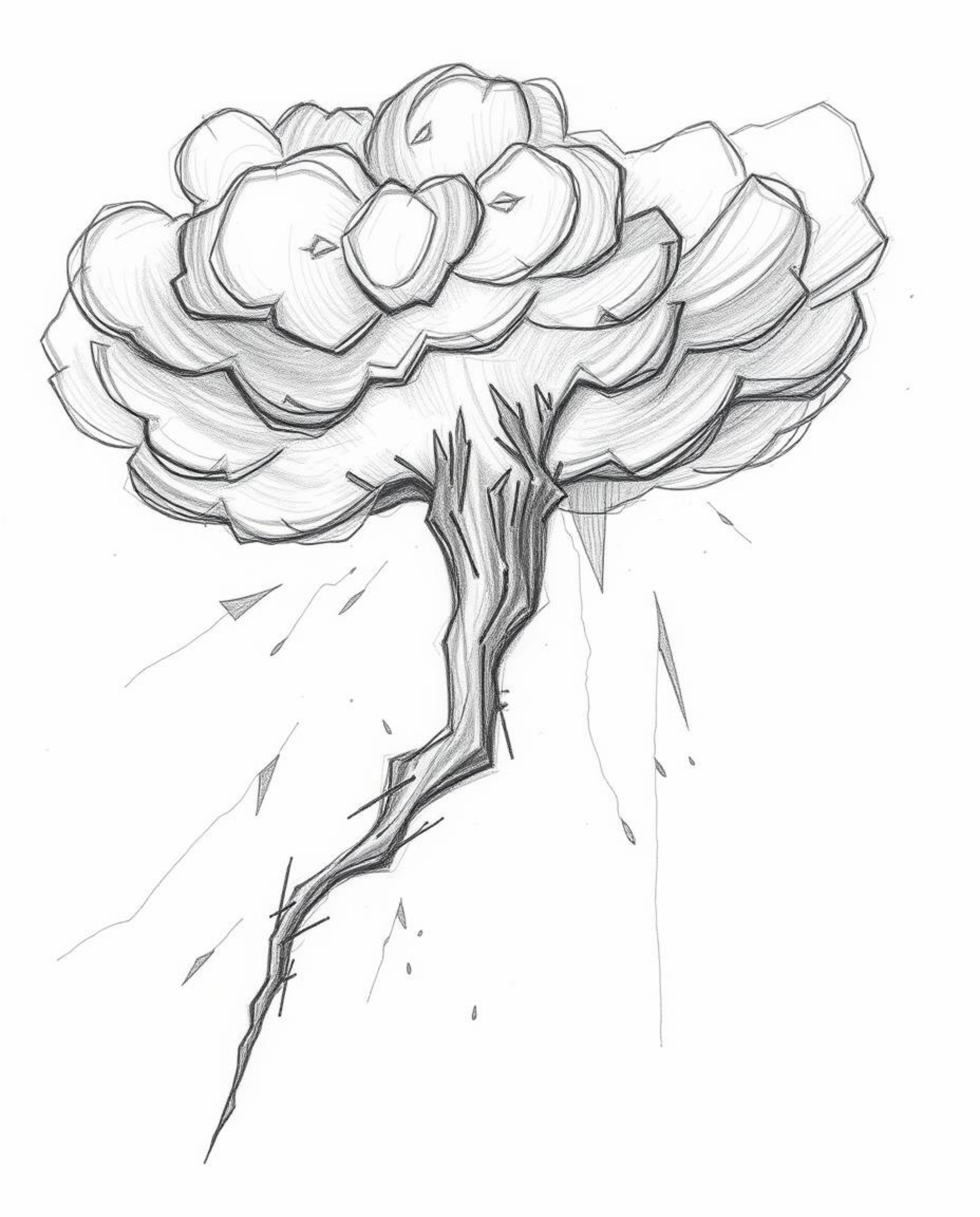 A hand-drawn sketch depicting a surreal storm with strong hard light and rough lines, showcasing textured pencil strokes on a