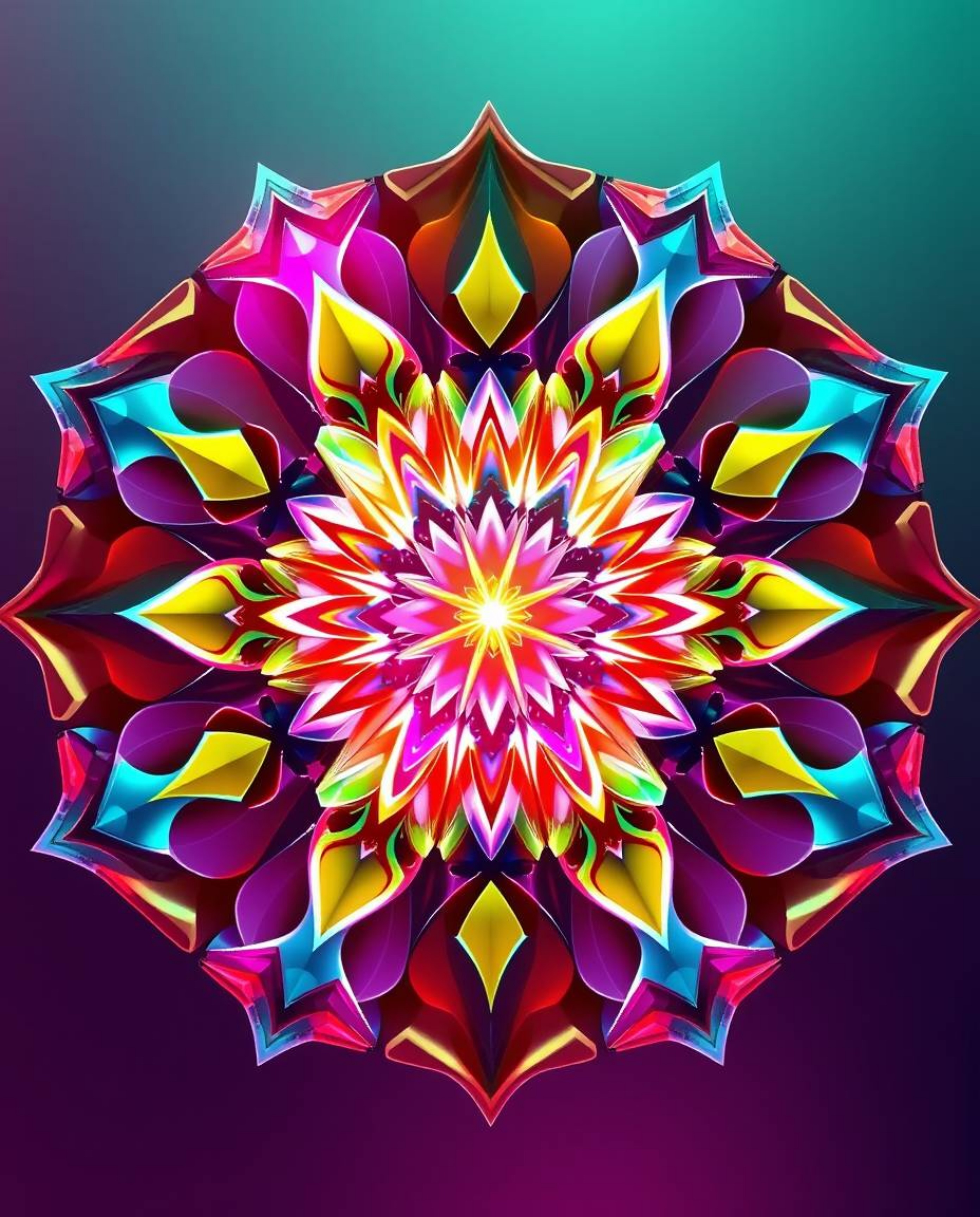 Explore a mesmerizing geometric floral mandala infused with vibrant colors and a symmetric design. This artwork seamlessly bl