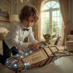 A high-fashion photography piece showcasing a young boy with a curious expression, meticulously crafting an intricately desig