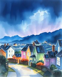A captivating watercolor painting depicts a sleepy town with pastel-colored houses bathed in intense, dramatic lighting. The 