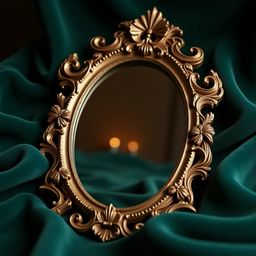 A majestic antique mirror features an ornate frame with delicate acanthus leaves and floral patterns.  It rests on a rich eme