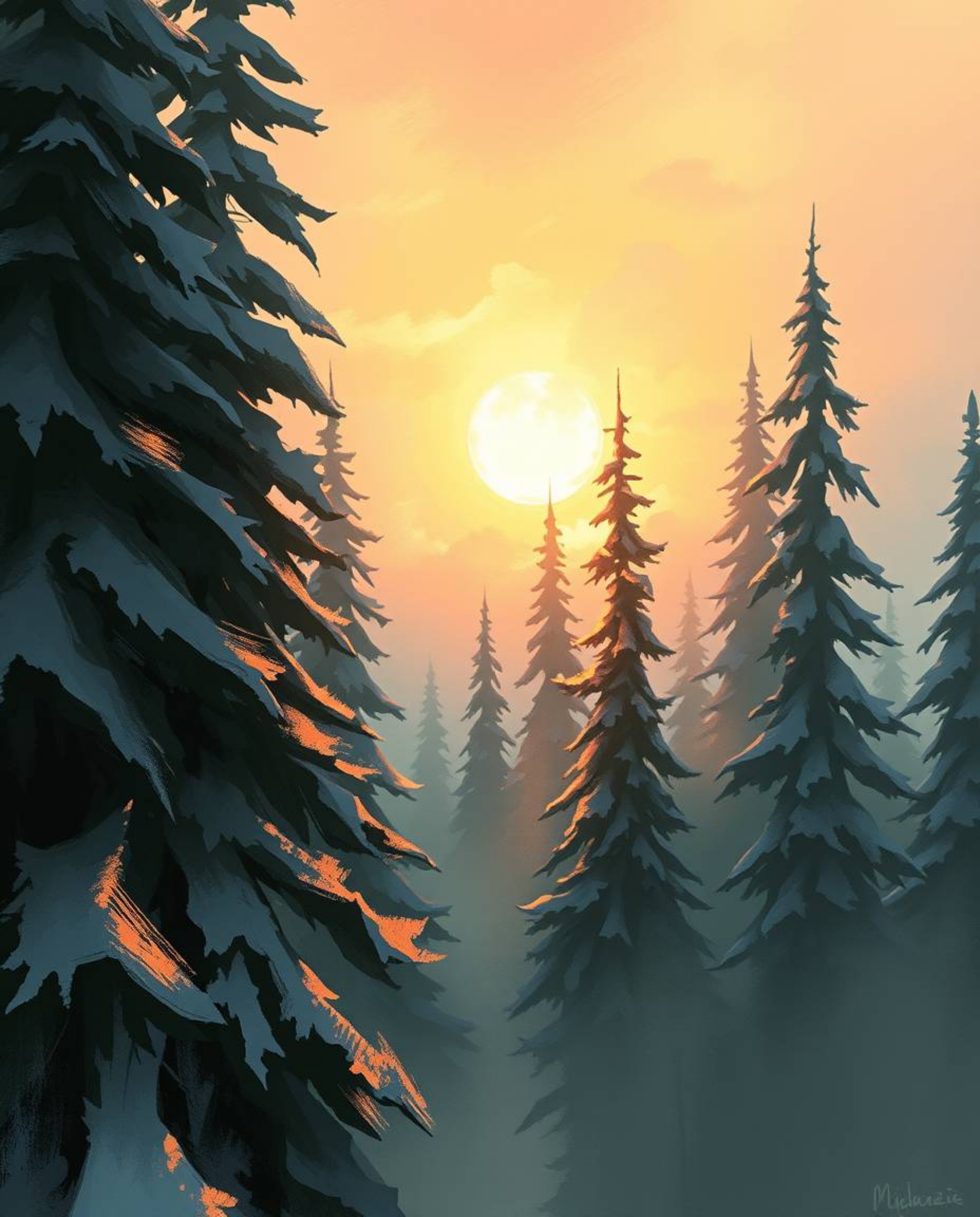 A high-angle digital sketch captures the dramatic scene of sunset light on snowy pine trees in a painterly, unfinished concep