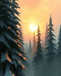 A high-angle digital sketch captures the dramatic scene of sunset light on snowy pine trees in a painterly, unfinished concep