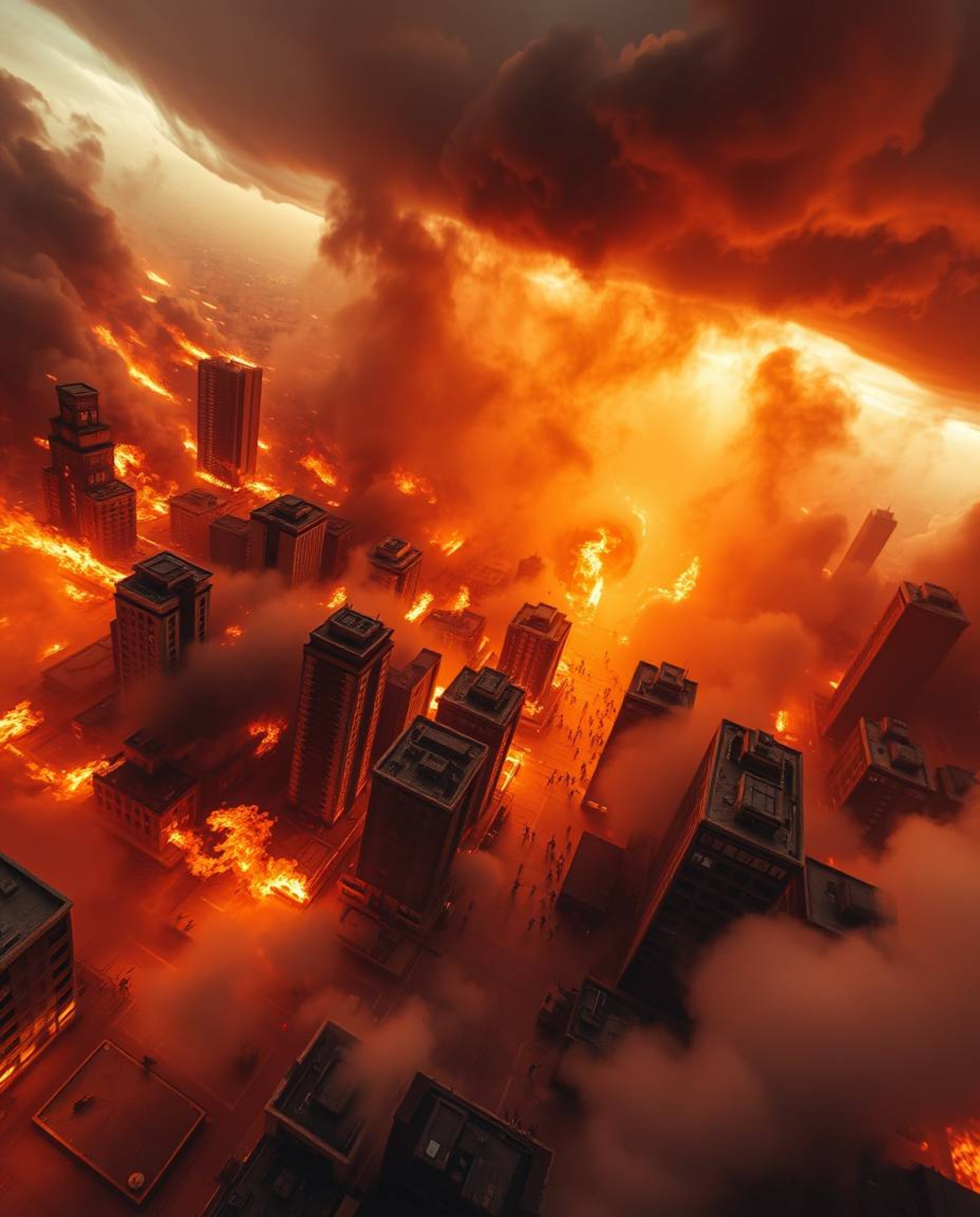 Witness a dramatic bird's-eye view of a city engulfed in flames, with people desperately running for safety amidst intense st