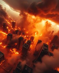 Witness a dramatic bird's-eye view of a city engulfed in flames, with people desperately running for safety amidst intense st