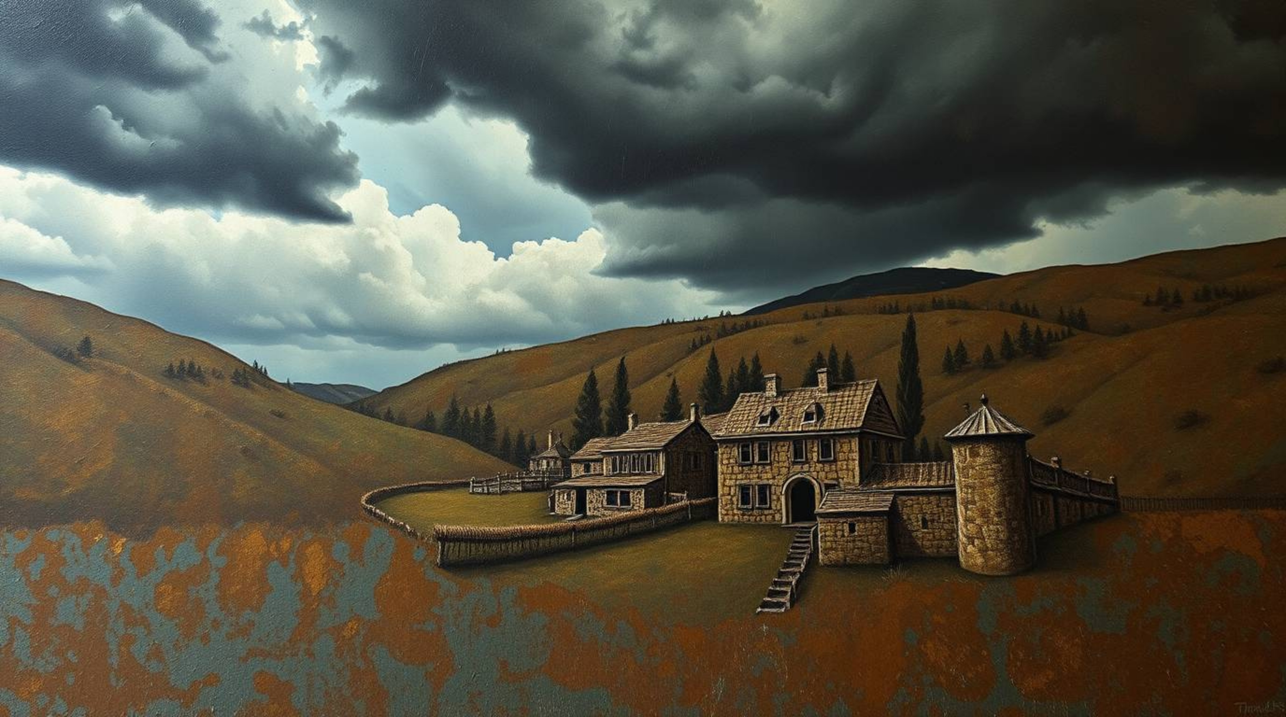 This antique, patina-finished bronze art depicts a cozy village nestled in a valley under a dramatic and stormy sky, conveyin