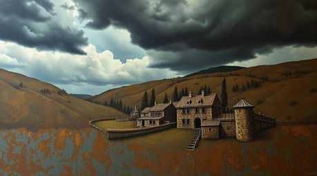 This antique, patina-finished bronze art depicts a cozy village nestled in a valley under a dramatic and stormy sky, conveyin