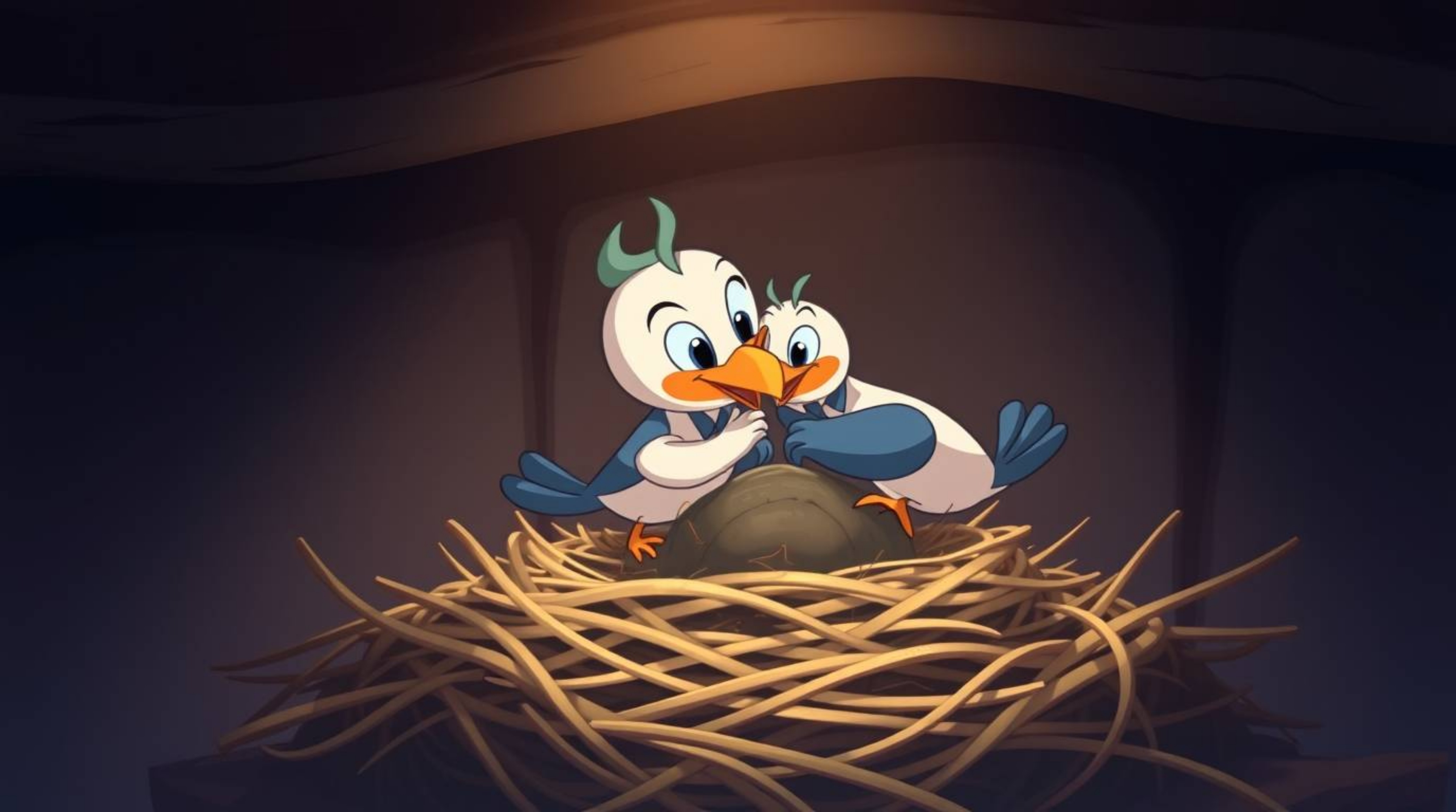 A charming high-resolution stock photo depicting two cartoon birds meticulously constructing a nest. Rendered in a classic a