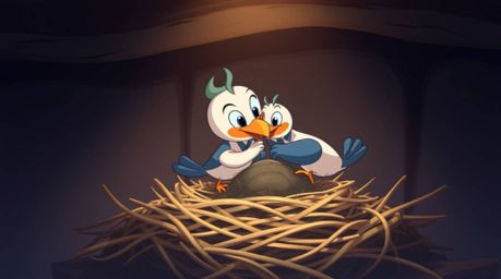 A charming high-resolution stock photo depicting two cartoon birds meticulously constructing a nest. Rendered in a classic a