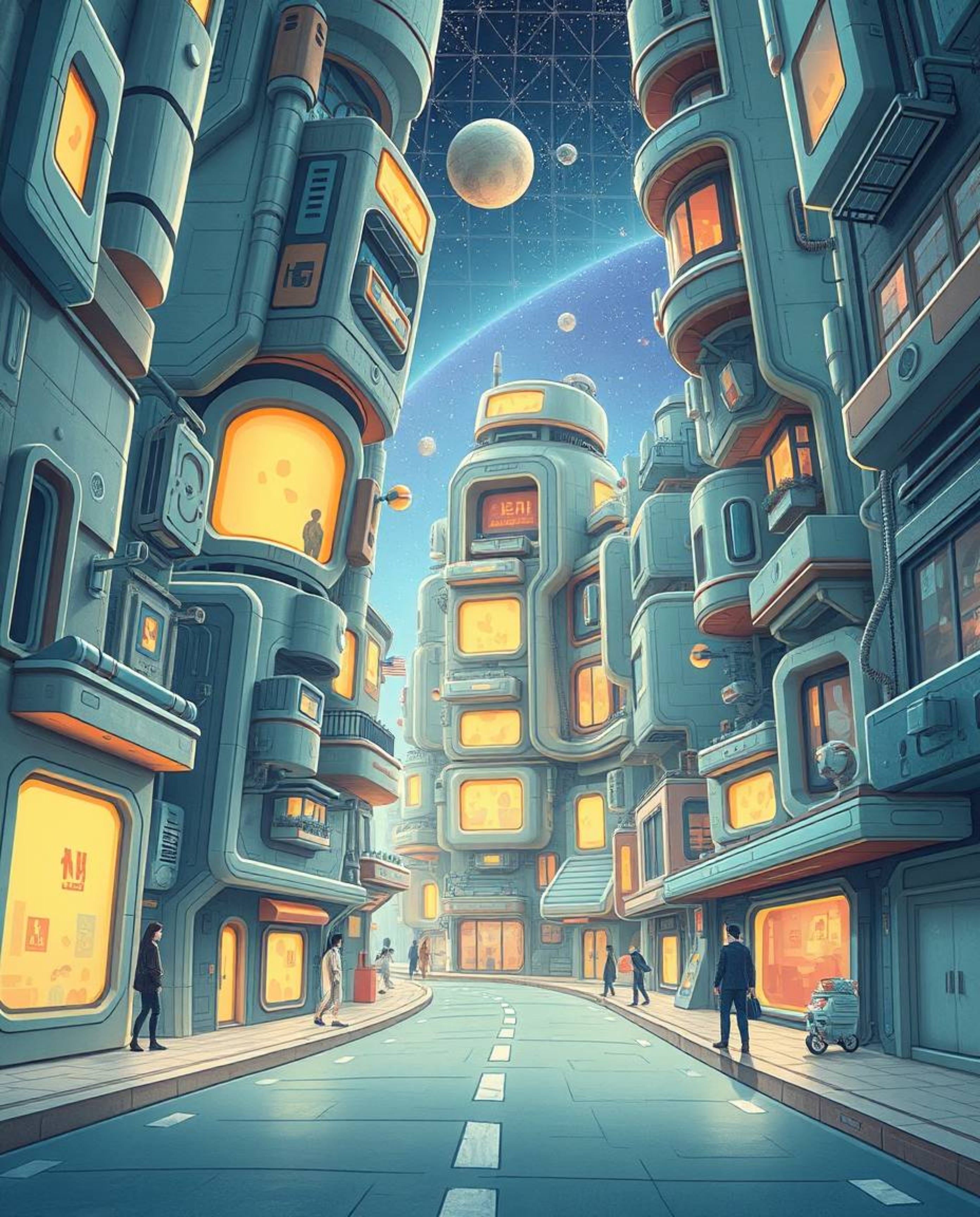 Explore a captivating futuristic cityscape with this surreal sci-fi illustration. Buildings fold and twist in unexpected ways