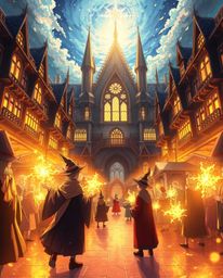 Discover a captivating Isekai anime illustration featuring a radiant magical school brimming with young wizards. Bathed in a 
