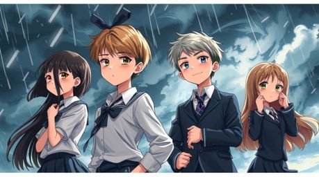 Captivating images of quirky children in school uniforms, posed dramatically against a stormy backdrop.  These high-tension p