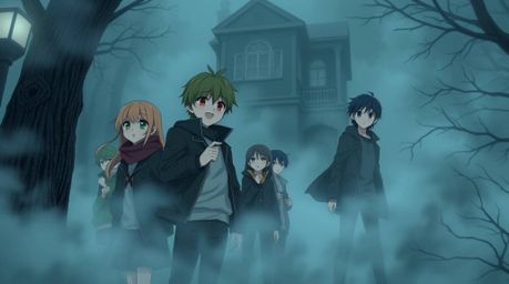 A group of expressive teens, styled in an Isekai anime aesthetic, unravel a chilling mystery within a haunted mansion shroude