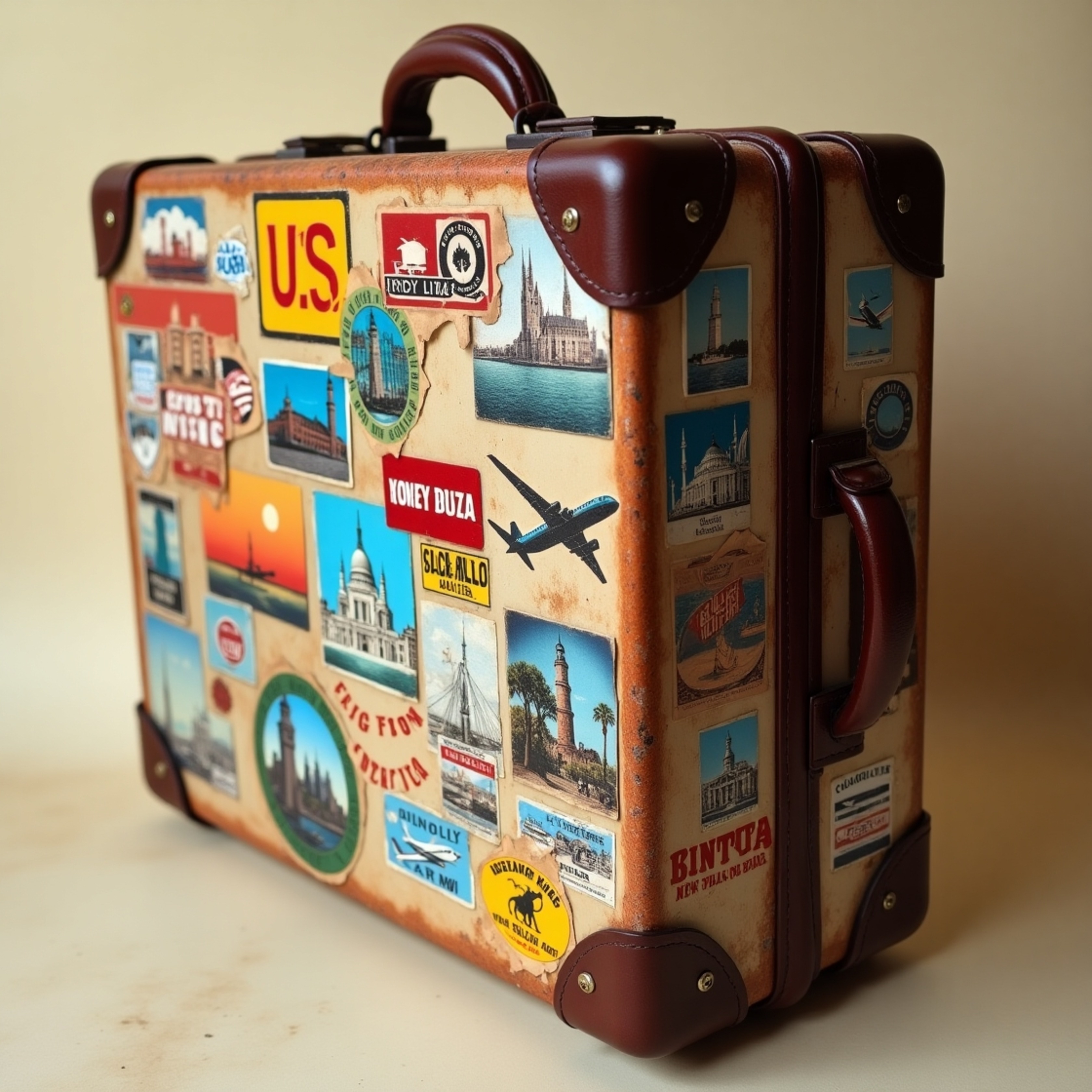 This photograph captures a highly detailed, close-up view of a vintage leather suitcase, its weathered surface adorned with v