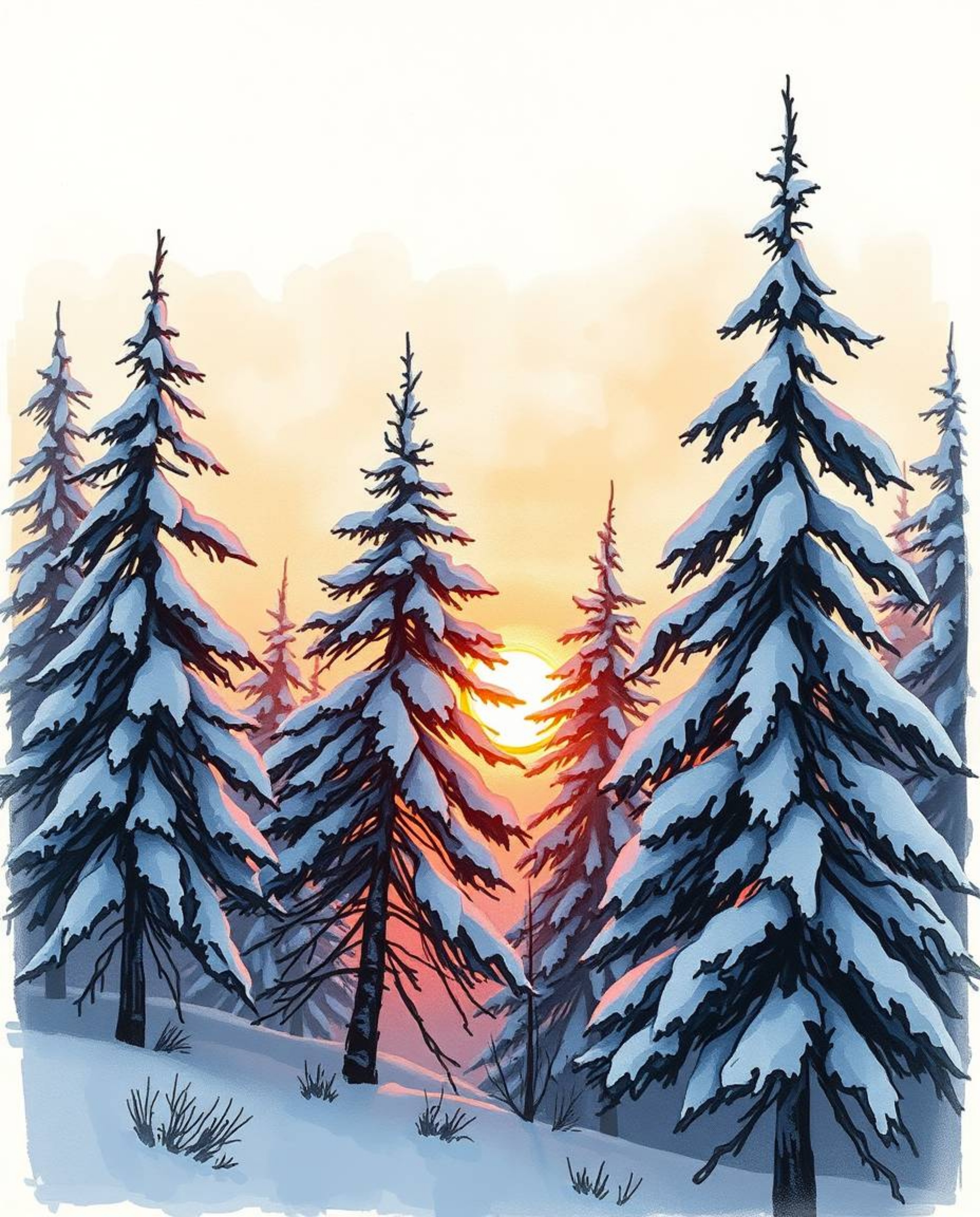 This hand-drawn color sketch beautifully captures snowy pine trees at sunset. A soft cinematic haze envelops the scene, which
