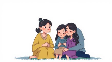 This captivating Pixar-style illustration depicts a heartfelt family reunion, bathed in a cool color palette of blues, greens