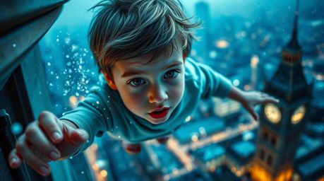 An extreme macro close-up captures a whimsical scene of a young boy soaring above London, powered by shimmering pixie dust. T