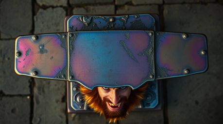 Witness a stunning overhead perspective featuring vibrant, iridescent colors reflecting off a metallic anvil about to crush a